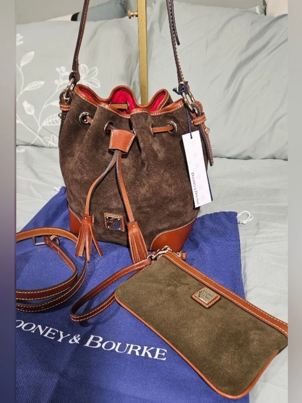 Dooney & Bourke Suede Bucket Bag / wristlet / Branded Dustbag Set (3 items)
